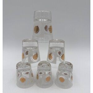 Anchor Hocking MCM Double Shot Glass Gold and White Medallion Design Retro